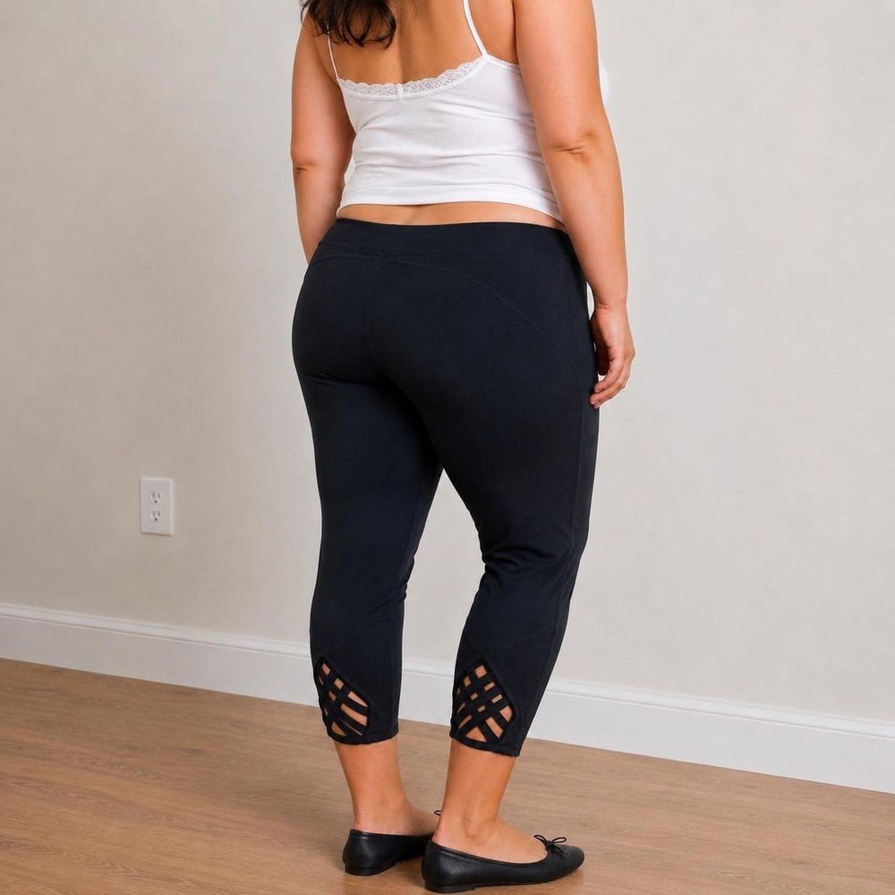 Black Cropped Capri Leggings Braided Lattice‎ Cutout Low Rise Women L Balletcore